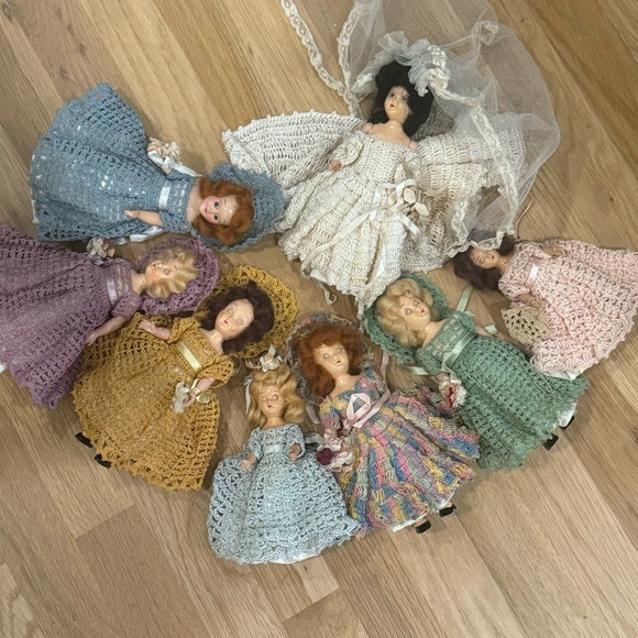 1950s Plastic Dolls in Crocheted Dresses with Underskirts Panties and Hats /